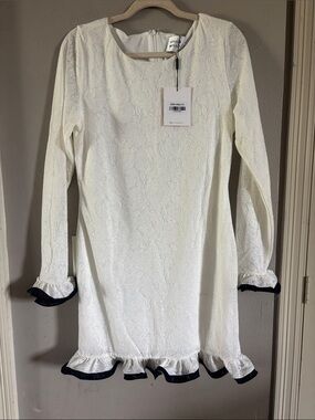 Hello Molly Cream Floral Jacquard Long-Sleeve Kids Dress with Black Trim